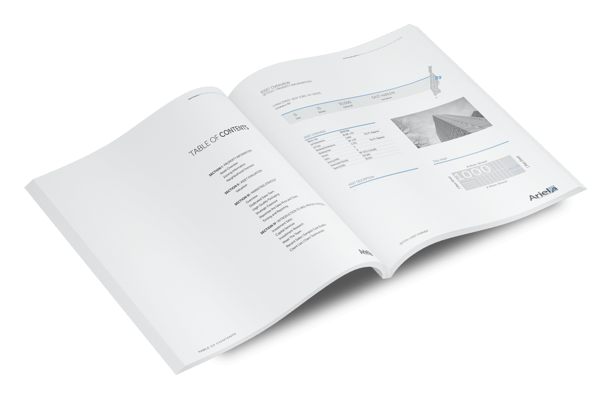 Open Asset Evaluation book with the page open to Table of Contents and Asset Overview of a property for the company Ariel